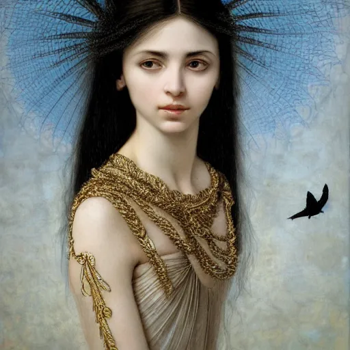 Prompt: highly detailed portrait of a beautiful cute girl with birds, endless black hair, with pale skin, fibonacci, fragile, sitted on an intricate stone throne by nicola samuri, by dino valls, m. w. kaluta, rule of thirds, seductive look, 4 k resolution