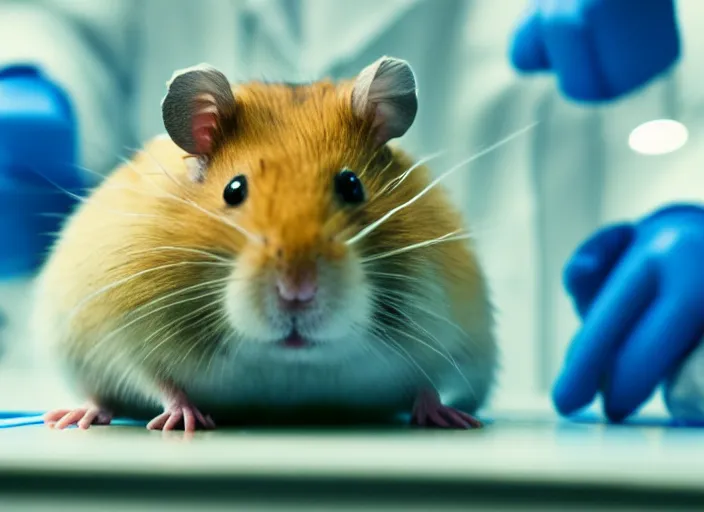 Image similar to film still of a hamster working in a research lab finding the cure for cancer, 8 k