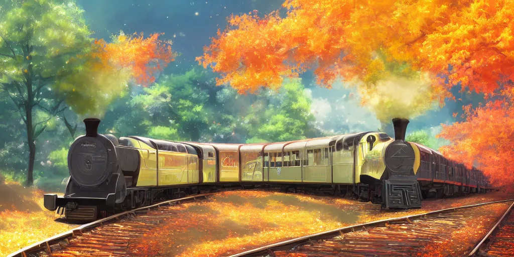 Prompt: A beautiful illustration of beautiful Hogwarts train, autumn, leaves, trees, steam, iridescent, pink, golden, orange, smoke, wide angle, by makoto shinkai, Wu daozi, very detailed, deviantart, 8k, wallpaper, tropical, colorful, airy, anime illustration, anime nature wallpap