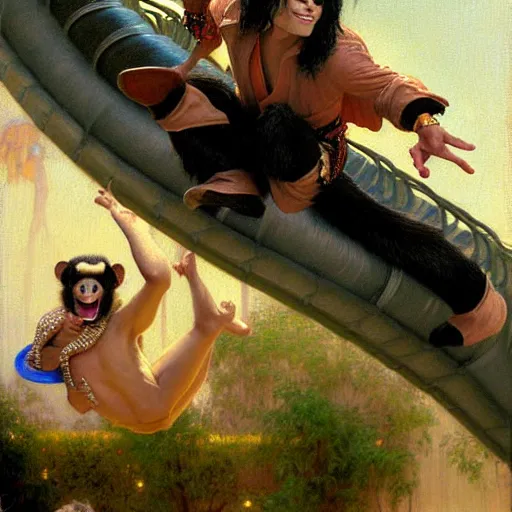 Prompt: michael jackson going down a waterslide with a monkey, highly detailed painting by gaston bussiere, j. c. leyendecker, greg rutkowski, craig mullins 8 k