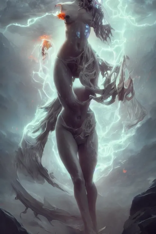 Image similar to torso closeup beautiful girl necromancer, witch, storm clouds, thunder in hands, casting spell, angels, 3 d render, hyper - realistic detailed portrait, holding fire and electricity, ruan jia, wlop. scifi, fantasy, magic the gathering, hyper detailed, octane render, concept art, peter mohrbacher