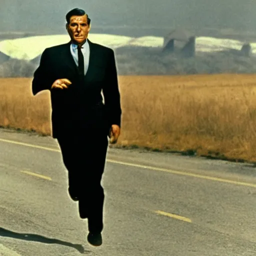 Prompt: roger o. thornhill from north by northwest played by cary grant running