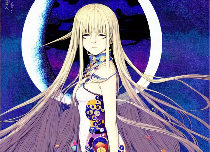 Prompt: full body portrait of the moon priestess, pop art, enchanted, dark, moon, magic, digital, concept art, Kyoto animation,last exile, blue submarine no. 6, katsura masakazu,tsutomu nihei, gustav klimt,loish, murata range, kawaii, studio lighting, manga, bright colors, anime,beautiful, 35mm lens,noir, vibrant high contrast, gradation, jean giraud, moebius, fantasy, rule of thirds, unreal engine, fibonacci, intricate, cel shaded, blender npr, flat, matte print, smooth, makoto shinkai