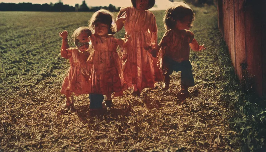 Image similar to 7 0 s film still from a horror movie about evil babies on a farm, kodachrome, cinecolor, cinestill, film grain, film texture, retro, cinematic, high resolution, photorealism,