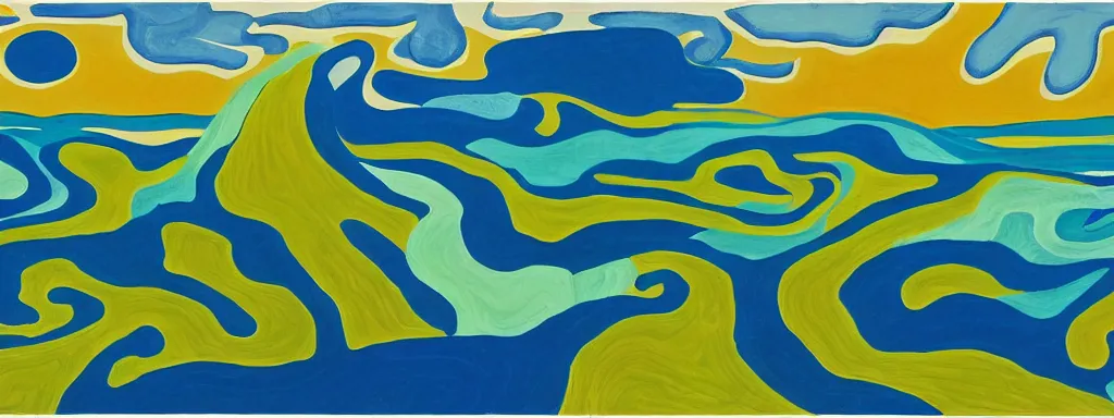 Prompt: Psychedelic sci-fi dreamworld. Landscape painting. Organic. Winding rushing water. Waves. Clouds. Landscape by Alex Katz.