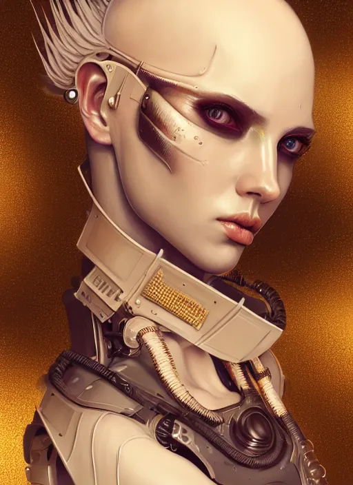 Prompt: soft lustrous hard tech ivory biotech raver gutter punk cyborg bioweapon, golden ratio, details, sci - fi, dark fantasy, cyberpunk, intricate, decadent, ornate, highly detailed, digital painting, octane render, 8 k, artstation, concept art, smooth, sharp focus, illustration, art by artgerm, loish, wlop