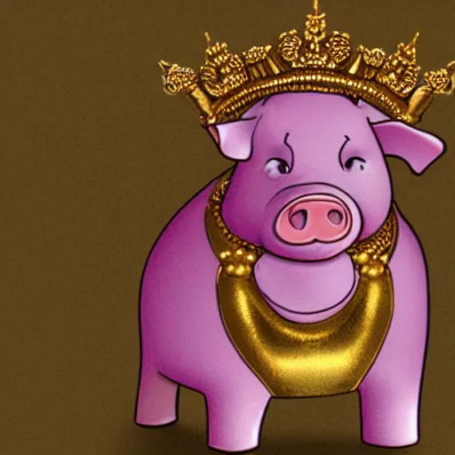 Image similar to a pig wearing a gold crown in the style of Chuck Jones