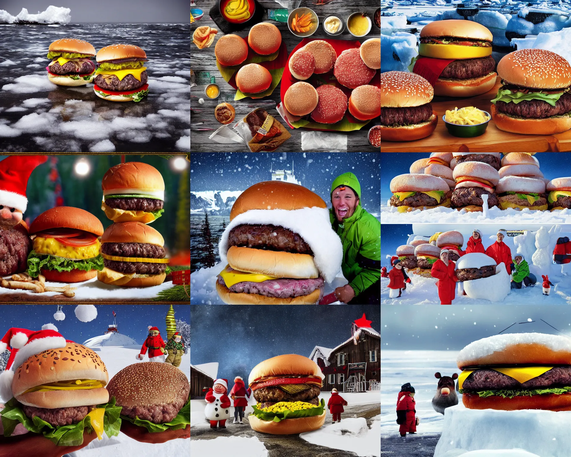 Prompt: gigantic humongous delicious hamburgers at the north pole, national geographic photo, award - winning, extremely detailed, very high quality, 8 k,