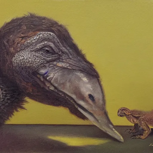 Image similar to a dodo eating a lizard, oil painting