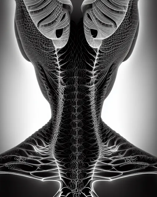 Prompt: a black and white 3D render of a beautiful portrait of a young female angelic-dragon-cyborg face with a very long neck, 150 mm, orchids, Mandelbrot fractal, anatomical, flesh, facial muscles, veins, arteries, full frame, microscopic, elegant, highly detailed, flesh ornate, elegant, high fashion, rim light, ray trace, octane render in the style of H.R. Giger and Man Ray, Realistic, Refined, Digital Art, Highly Detailed, Cinematic Lighting, rim light, black and white, photo-realistic Unreal Engine, 8K