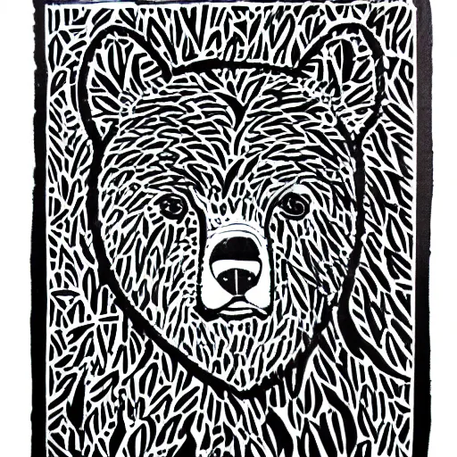 Prompt: bear, cute, block print, simple stylized, black ink on white paper