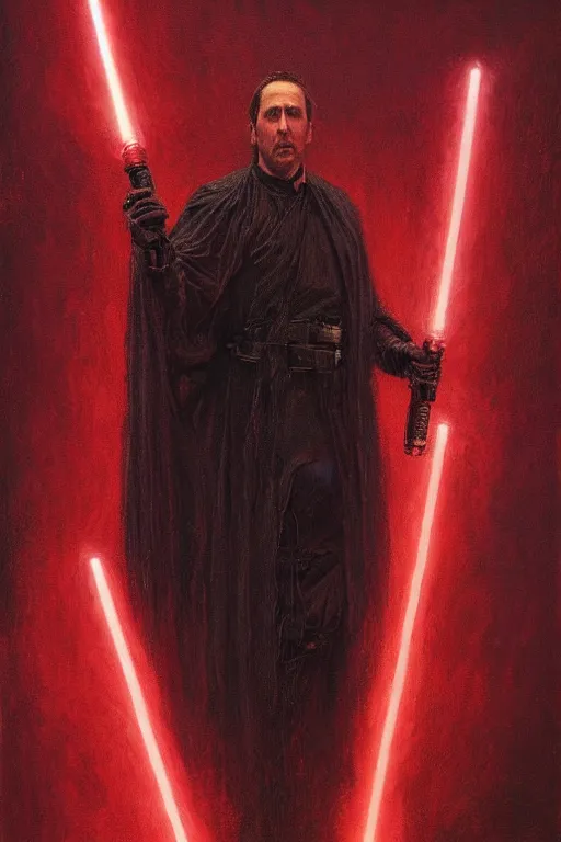 Prompt: Nicholas Cage Sith Lord holding red lightsaber, star wars, dark fantasy, intricate, highly detailed, smooth, artstation, painted by Wayne Barlowe, Greg Rutkowski, zdislav beksinski, Francis Bacon