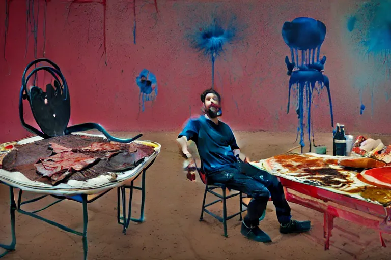 Prompt: portrait of a morphed painter sitting in a chair at a bbq grill tending to meat, art by james jean and luc tuymans and vincent lefevre and hernan bas and pat steir and hilma af klint, psychological, dripping paint, high quality render, cg society contest winner, retrofuturism, masterpiece