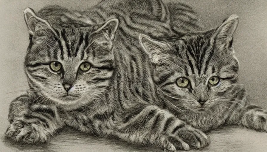 Prompt: bernie wrightson tabby cat morphed with alligator swimming pool sepia tone