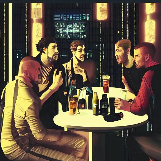 Image similar to detailed digital art of five male artists talking intelligently in a futuristic cyberpunk cafe while drinking beer in style of caravaggio, chiaroscuro, hieronymus bosch, tenebrism, blade runner, muted colors, 4 k