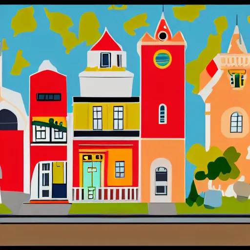 Prompt: a small town, color blocking, vector art, svg