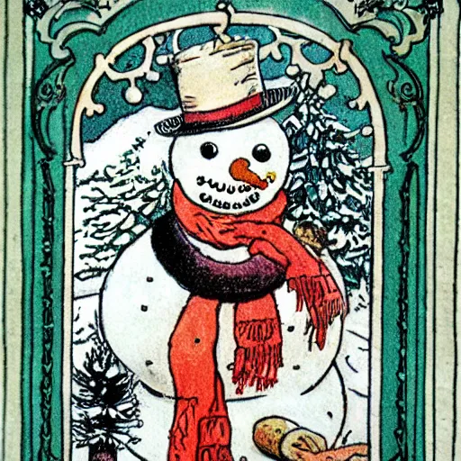 Prompt: victorian snowman illustration full page scan for greeting card by walter crane