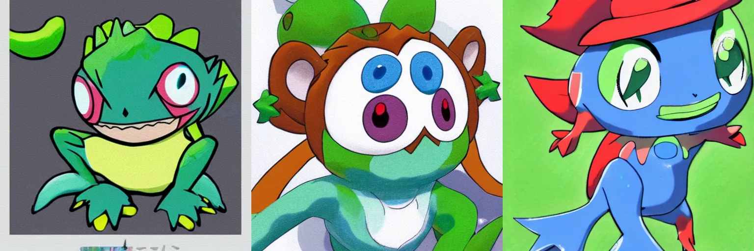 Prompt: grookey mixed with sobble, pokemon video game, art by ken sugimori, white background