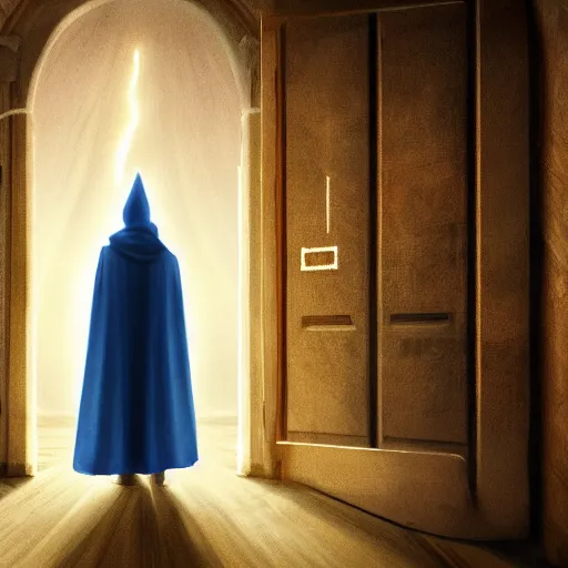 Image similar to a wizard in a cloak standing in front of the door of wisdom, tall door, high ceiling, magic light, cinematic atmosphere, high definition, ultra detailed