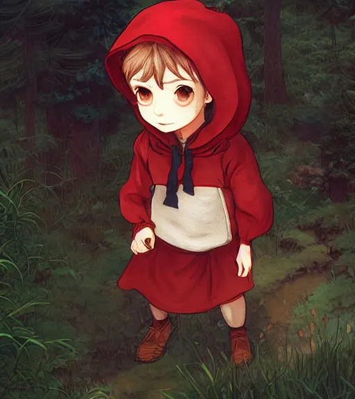 Image similar to attractive little boy character inspired in little red riding hood, digital artwork made by akihiko yoshida and makoto shinkai