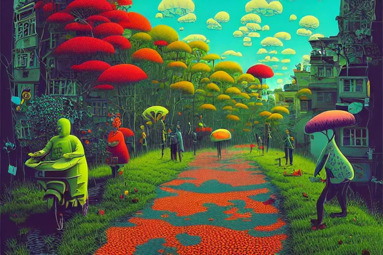 Image similar to surreal glimpse into other universe, jalan - jalan cari makan, summer morning, very coherent and colorful high contrast, art by!!!! gediminas pranckevicius!!!!, geof darrow, floralpunk screen printing woodblock, dark shadows, hard lighting, stipple brush technique,