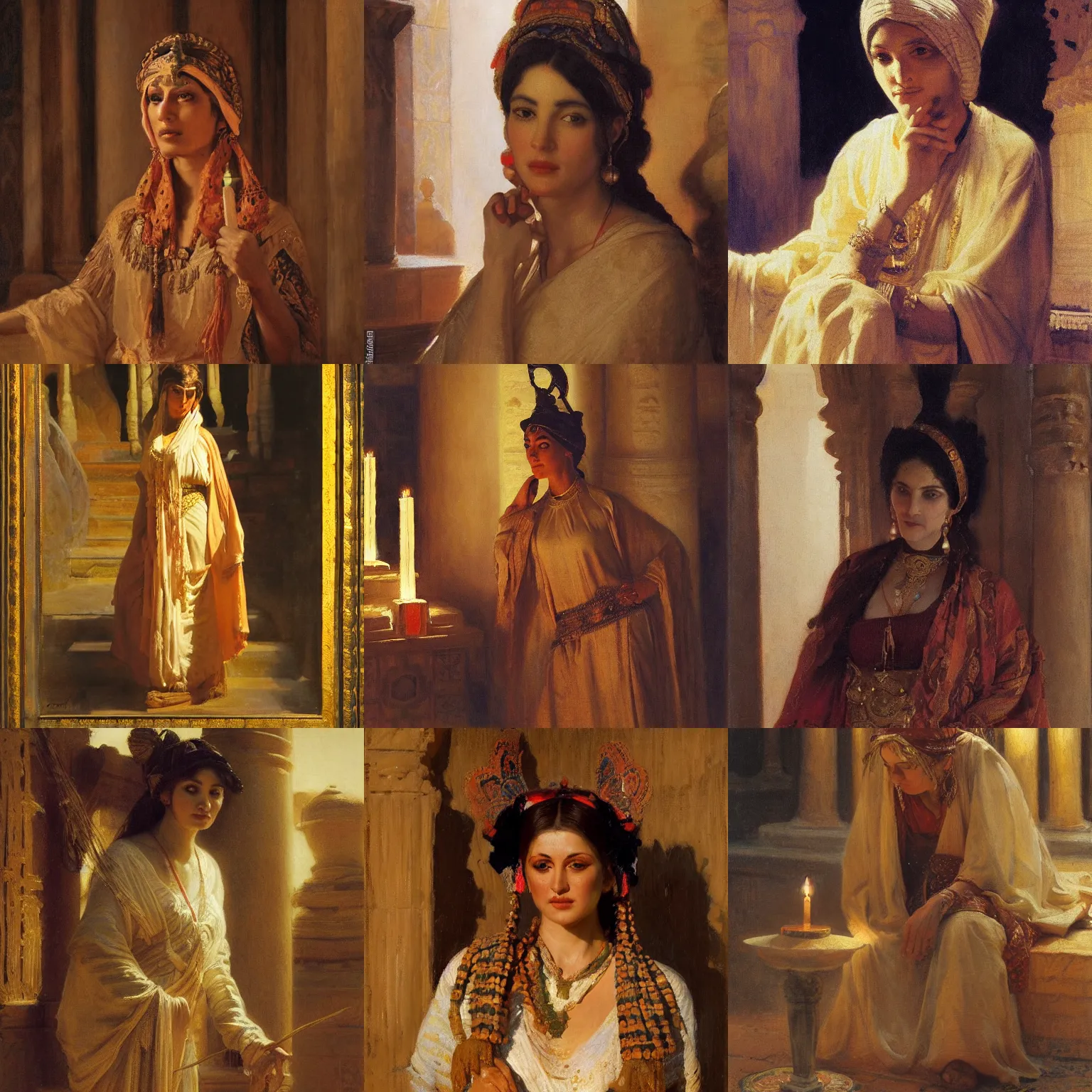 Prompt: orientalism priestess standing in a candle - lit sandstone temple face detail by theodore ralli and nasreddine dinet and anders zorn and nikolay makovsky and edwin longsden long, oil on canvas, masterful intricate artwork, excellent lighting, high detail 8 k
