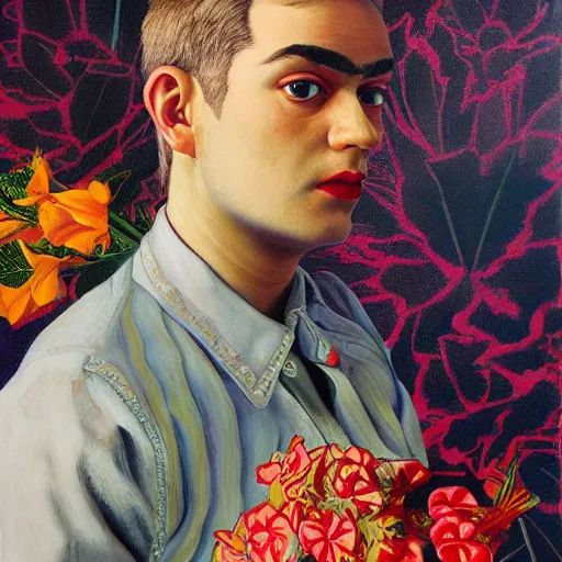 Image similar to detailed oil painting of matgot robbie in detail with flowers by james jean, by andy warhol, by frida kahlo