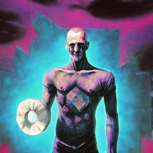 Image similar to razorpunk portrait of Dr. Manhattan disguised as the hexagonal hypercube portal jonas de ro jim mahfood luis royo maxfield parrish maximilian pirner wikiart wikipedia graffiti spraypaint unreal engine render artstation 4k