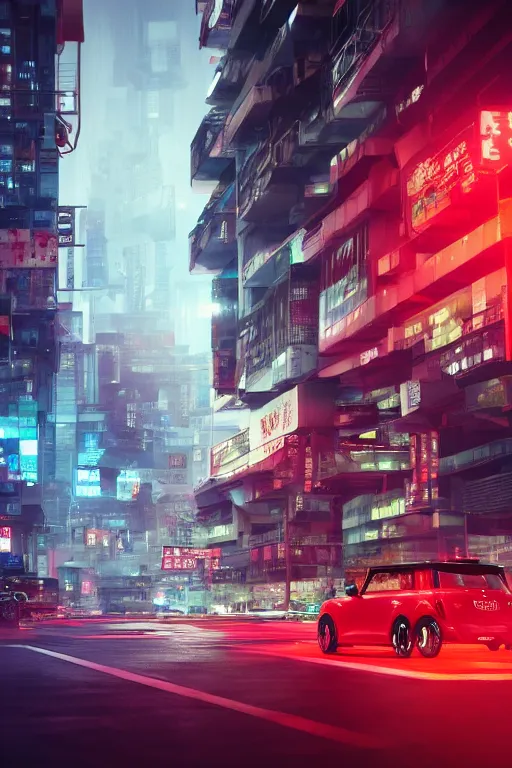 Image similar to Red Mini Cooper S, Futuristic Asian city at night with rain, Cyberpunk style, Neon lights, Matte paiting, cinematic lighting, corona render, smoke, light rays, 8k