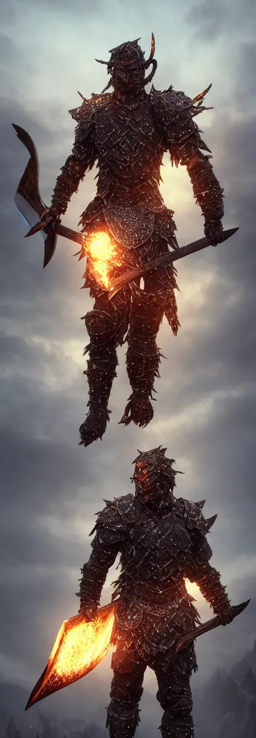 Image similar to portrait photo of a brutal melanated dark skin Warrior, wearing intricate nordic steel armour, holding a magical fiery battle-axe, sharp focus, highland landscape with few trees background, magical aura, heroic pose, fantasy style, octane render, volumetric lighting, 8k high definition, highly detailed, trending on ArtStation, centred