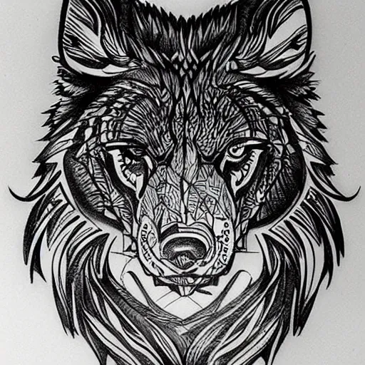 Image similar to tattoo stencil. pencil line drawing, black and white, wolf