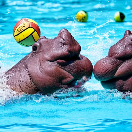 Image similar to hippopotamuses playing water polo against athletes. sports photograph.