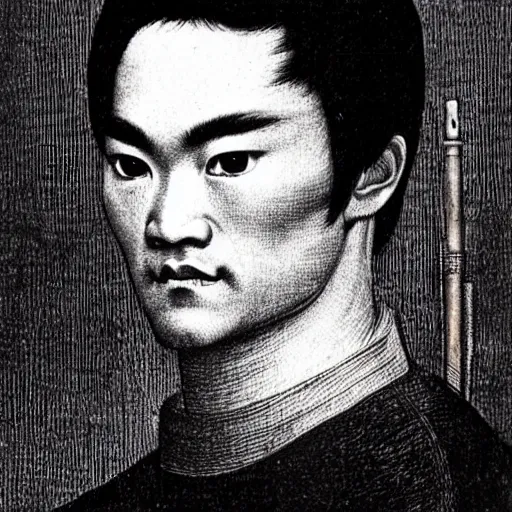 Prompt: engraving portrait of bruce lee in chinese armoury by albrecht durer