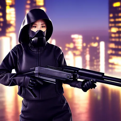 Image similar to photographic portrait of a techwear woman holding a shotgun, closeup, on the rooftop of a futuristic city at night, 4k, depth of field, high resolution, full color, Die Hard, movies with guns, movie firearms