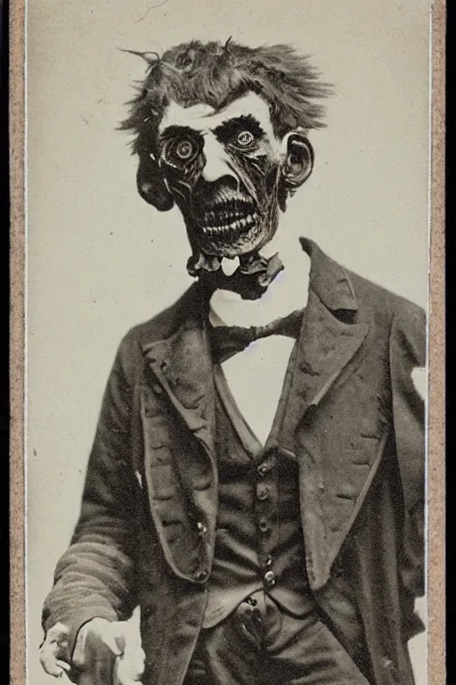 Prompt: cabinet card of creepy mutant monster victorian gentleman, scary, nightmare, horror
