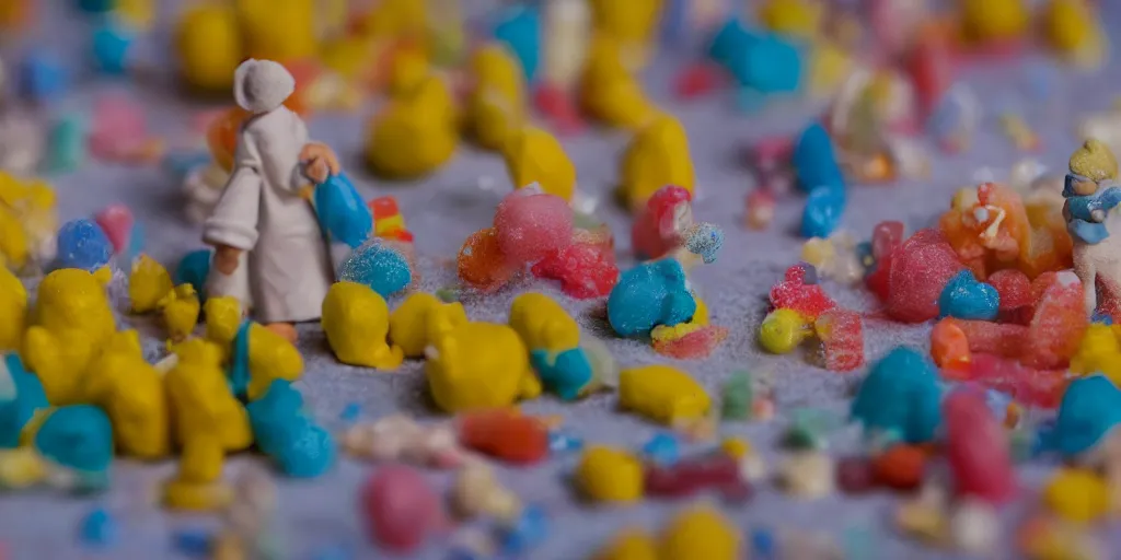 Image similar to a cinematic film still of a claymation stop motion film about a town made of lemons and candy, shallow depth of field, 8 0 mm, f 1. 8