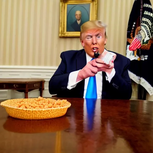 Prompt: donald trump eating baked beans in the white house