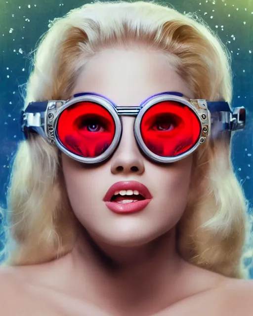 Prompt: centered portrait photo of flirtatious young anna nicole smith as a solarpunk mecha humanoid robotic parts wearing goggles with bright lights, real human face, pudica pose by bouguereau, inside white room, ultra - realistic and detailed, 8 k