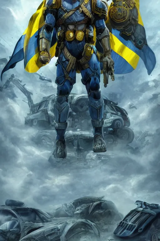 Prompt: a full body shot from distance of a super soldier with a Ukrainian blue and yellow stripes flag standing in the beam of light from the clouds on a pile of skulls and rotten cars as a winner, masculine figure, D&D, fantasy, intricate, elegant, highly detailed, digital painting, artstation, concept art, matte, sharp focus, symmetrical, illustration, hyperrealistic, super realistic, art by Artgerm and Greg Rutkowski and Alphonse Mucha