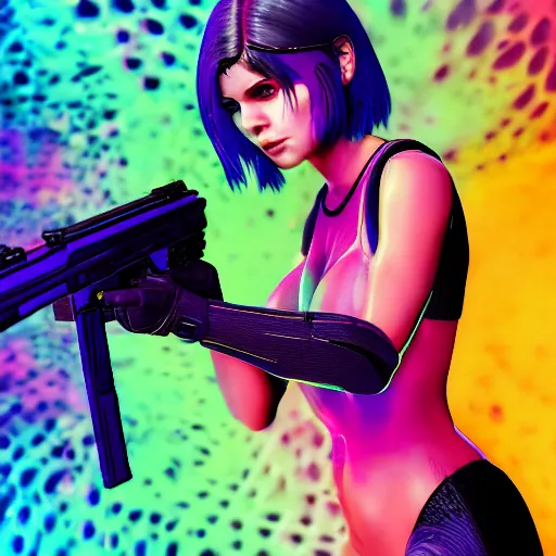 Image similar to Extreme long Shot of psychedelic Jill valentine in mysterious chromatic astral temple standing in swimsuit with glock17 , beautiful, dmt, trending on artstation, omnious, soft, hypermaximalistic, high details, cinematic, 8k resolution, artwork by Wong, Liam