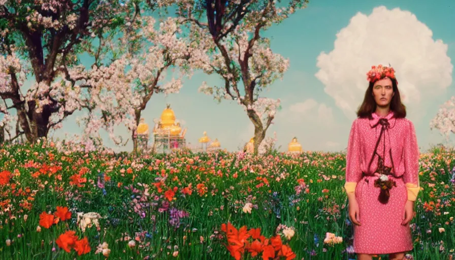 Image similar to , movie still by wes anderson of a beautiful girl wearing gucci exploring a magical field of flowers, glowing temple in the distance, cinestill 8 0 0 t eastmancolor technicolor, high quality, very detailed, heavy grain, fine facial features, 8 k, octane render