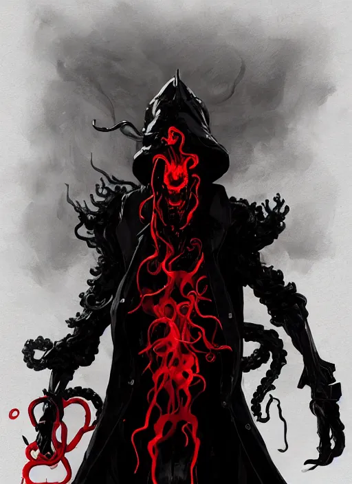 Prompt: half body portrait of an evil deity, a squid man in black mask and black rugged long trench coat made of smoke, red aura, tentacles. in style of yoji shinkawa and hyung - tae kim, trending on artstation, dark fantasy, great composition, concept art, highly detailed, dynamic pose.