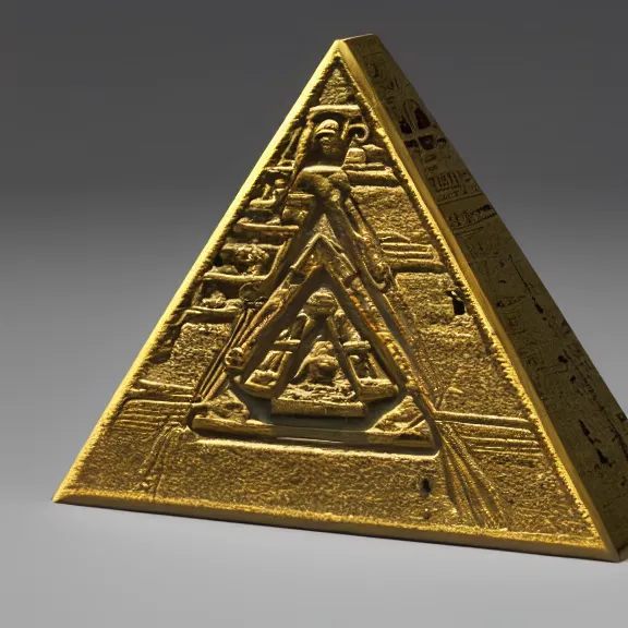 Image similar to An ancient egyptian pendant that looks like an upside-down pyramid with the wedjat eye engraved, dirty gold, splash art, movie still, cinematic lighting, dramatic, octane render, long lens, shallow depth of field, bokeh, anamorphic lens flare, 8k, hyper detailed, 35mm film grain