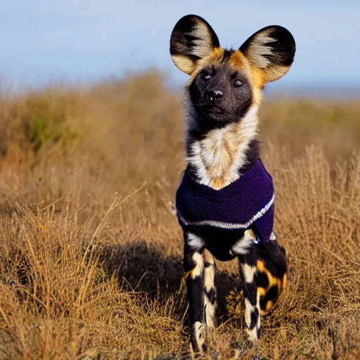 Image similar to An African wild dog wearing a sweater.