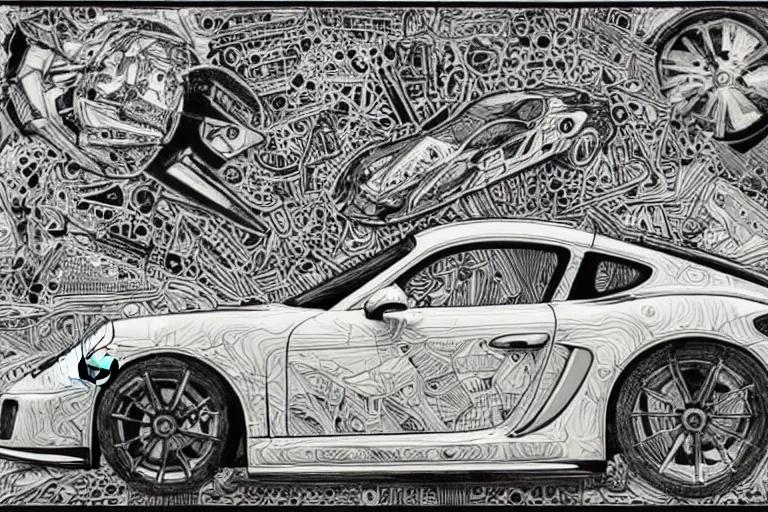 Image similar to a black and white drawing of a porsche cayman gt 4 rs, a detailed mixed media collage by hiroki tsukuda and eduardo paolozzi and moebius, intricate linework, sketchbook psychedelic doodle comic drawing, geometric, street art, polycount, deconstructivism, matte drawing, academic art, constructivism, no color