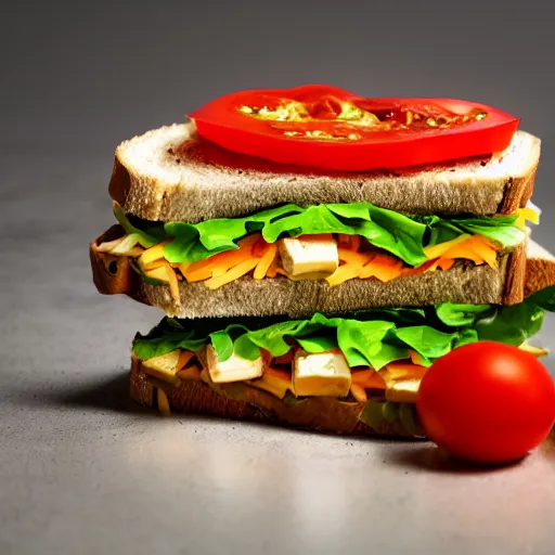 Prompt: sandwich of led lights with tofu, tomato and cheddar, studio photo, amazing light