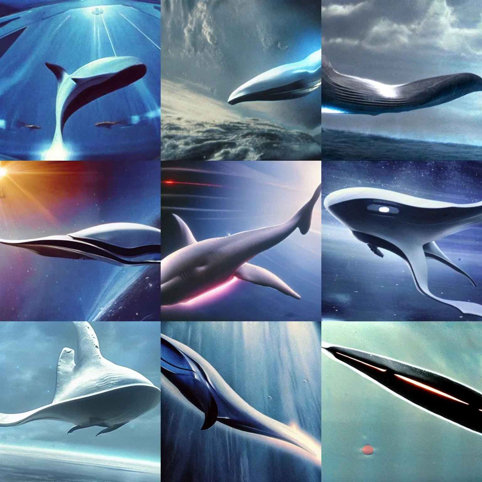 Prompt: a futuristic concept starship in the shape of a whale flying through space. Photograph from sci-fi blockbuster film.