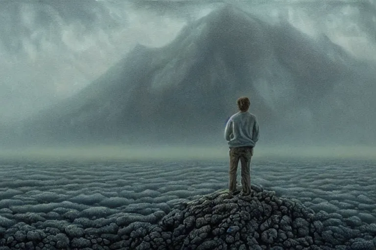 Image similar to Haunting horrifying hyperrealistic detailed painting of an ultrawide landscape showing a tall pale man sitting atop a mountain of humans in a foggy hellscape with spread out lakes of cerulean blue gelatinous liquid reflective and goop, eyeballs bulging, stars in the sky, a galaxy in the sky, dystopian feel, heavy metal, disgusting, creepy, unsettling, in the style of Michael Whelan and Zdzisław Beksiński, lovecraftian, hyper detailed, trending on Artstation