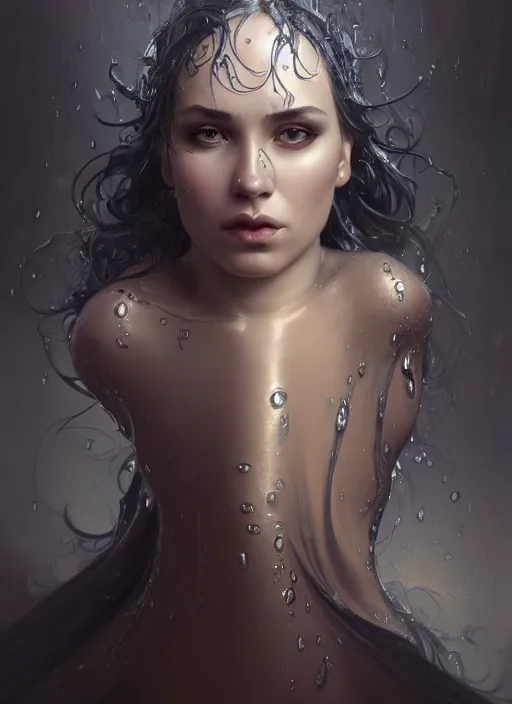 Prompt: a full body perspective of a curvy preistess of moody elemental darkness, crooked nose, wet, fantasy, shiny, intricate, elegant, highly detailed, ultra definition, digital painting, artstation, vray, concept art, smooth, high speed photography, illustration, art by artgerm and greg rutkowski and alphonse mucha and james jean