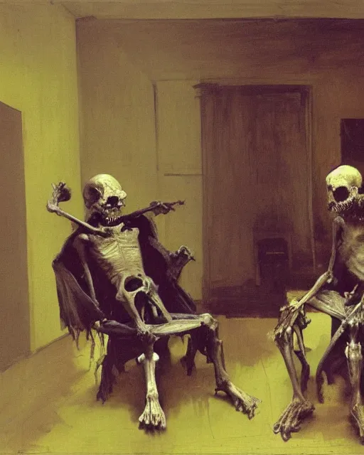 Image similar to dark fleshy figure seated next to another dark angry figure laughing in a messy living room by Francisco Goya and Francis Bacon and James Jean, dark interior room background, mythological painting, oil painting, triadic color scheme, very coherent, Figure laughing seated on a throne made out of bones inside interior room, Beksinski painting, masterpiece, artstation
